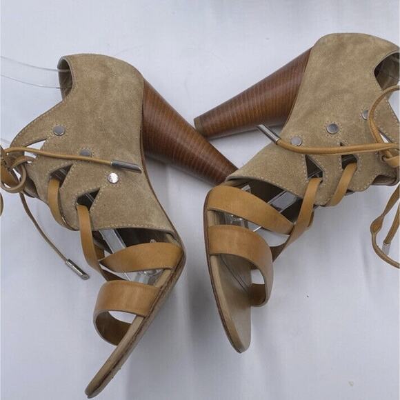 TOD'S Tan Cutout Leather Paneled Two Toned Suede Cone Heeled Sandals Sz 39/US 8 - Picture 6 of 13